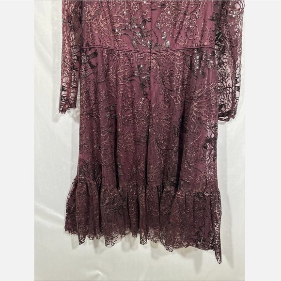 NWT $498 Mac Duggal [ 16 ] Lace Embellished Long‎ Sleeve Ruffle Dress Wine Red - Picture 9 of 15